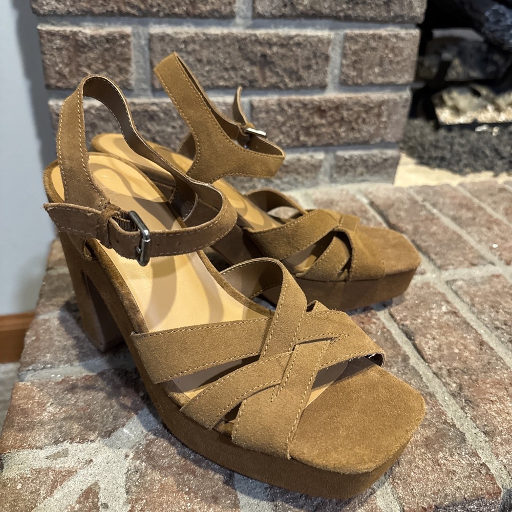Splendid Piper Platform‎ Slingback Chunky Brown Suede Block Heel Size 8.5 #0098